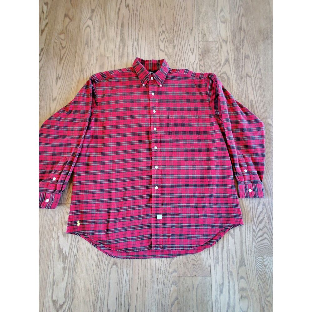 Ralph Lauren Men's L The Big Oxford Button Shirt Red Tartan Plaid 100% Cotton